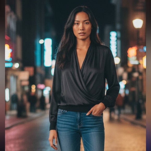 Current Air Tops - Current Air Surplice Satin Long Sleeve Top